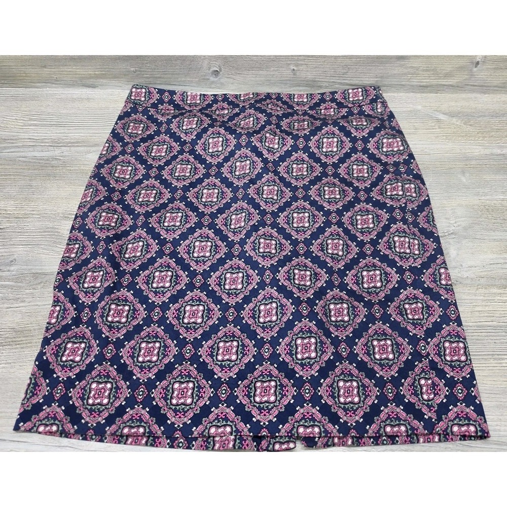 J Crew‎ The Pencil Skirt Medallion Print Womens Sz 12 Navy Blue Pink Kick Pleat